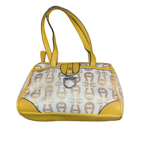 Etienne Aigner Satchel Bag Canvas Leather Signature Logo Print Gold P10 - Picture 3 of 8